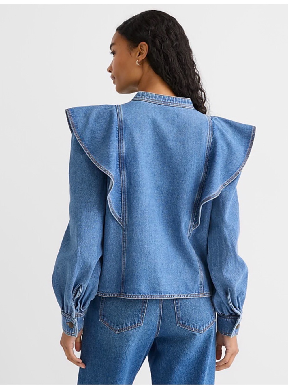 Loft Denim Ruffle Yoke Button Down Too - Blue size small #1201 - Picture 3 of 7